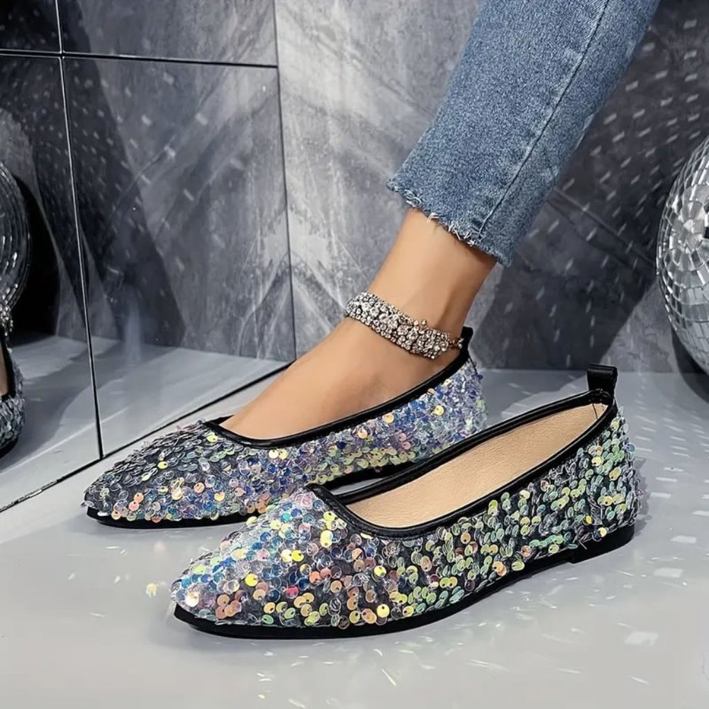 All Over Silver Iridescent Sequin Flat Party Slip On Shoes